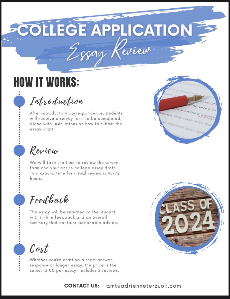 Hi all!  If anyone has a senior looking for help with their college essays, I’m available for hire!  

Send me an email for more info.