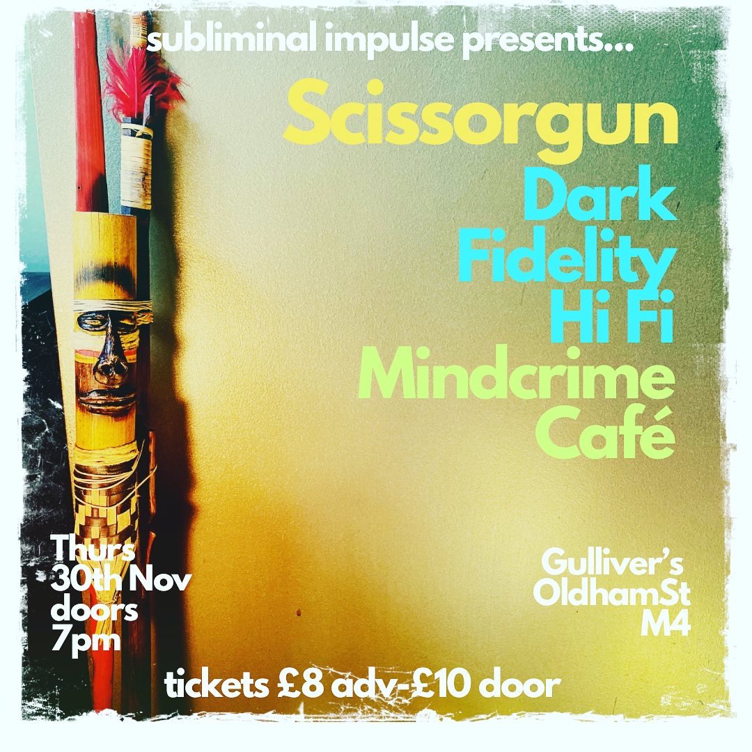 <a href="/gulliverspub/">Gullivers</a> on Thurs 30/11. We’re on with Dark Fidelity Hi Fi and Mindcrime Cafe. Come on, feel the noise. Get tickets here gulliversnq.info/events/scissor… #synthwave #electronicmusic #livemusic #MANCHESTER