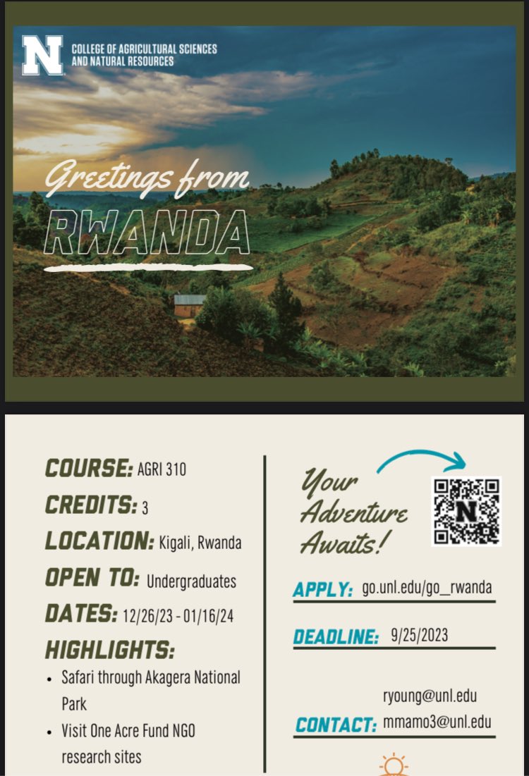 MarthaMamo3's tweet photo. Calling #UNL students for a learning adventure of a lifetime! @unlagrohort Becky Young and me will be leading a #studyabroad to the beautiful country of #Rwanda. Learn, Grow, and Expand! More at https://t.co/7v3LKP4cSu https://t.co/vTtMy9XXuh