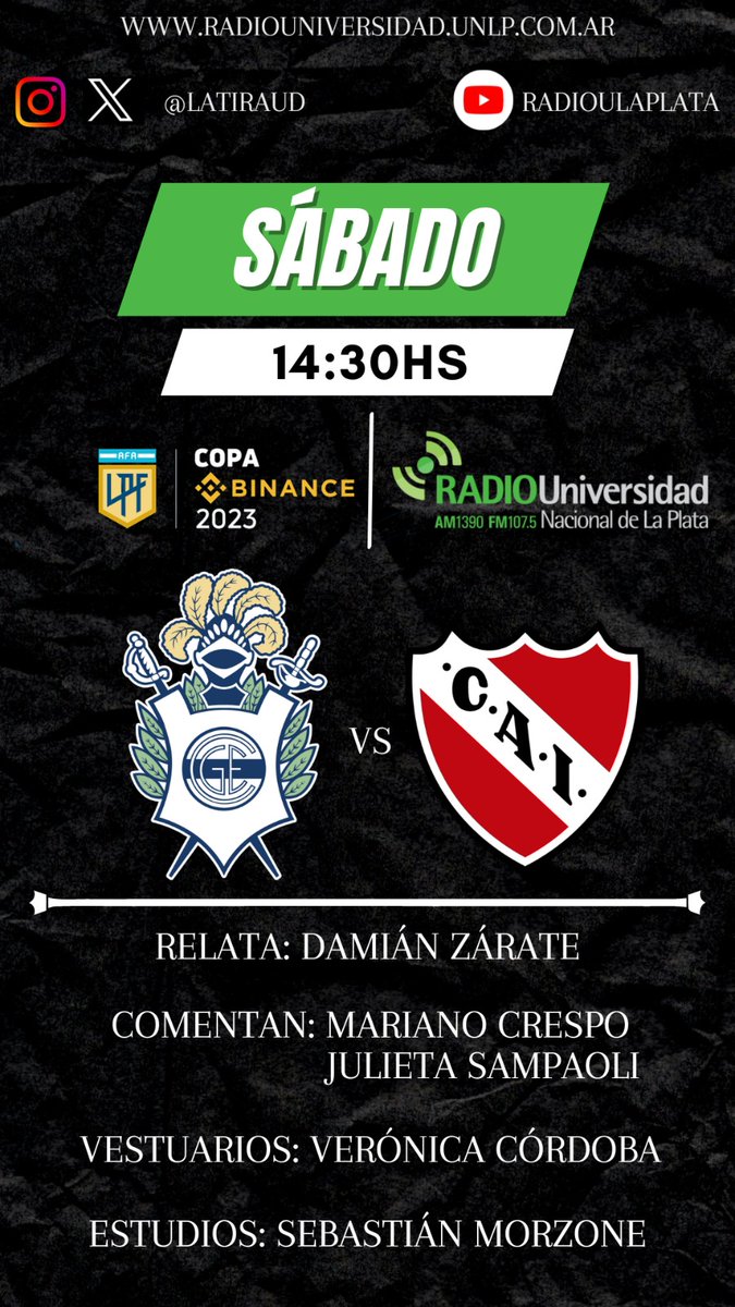 LaTiraUD's tweet photo. #SentimosElFutbol ⚽️
⏰ 14.30hs

#GELP 🆚 #Independiente

🎙Relata: @damianzarate1
 🗣Comentan: @MarianoCres @JuliSampaoli 

 Junto a @VeritoCordoba2 @sebamorzone   y equipo
 
📻 @radioulaplata
📱 https://t.co/4oubM40BfK
🌐https://t.co/rNxXe89Mgm https://t.co/YOX8CiDdNW