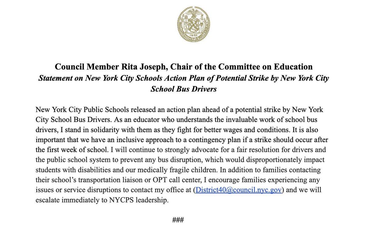 RitaJosephNYC's tweet photo. My statement on the looming strike by New York City School Bus Drivers.⤵️ https://t.co/rdST8ekkXs