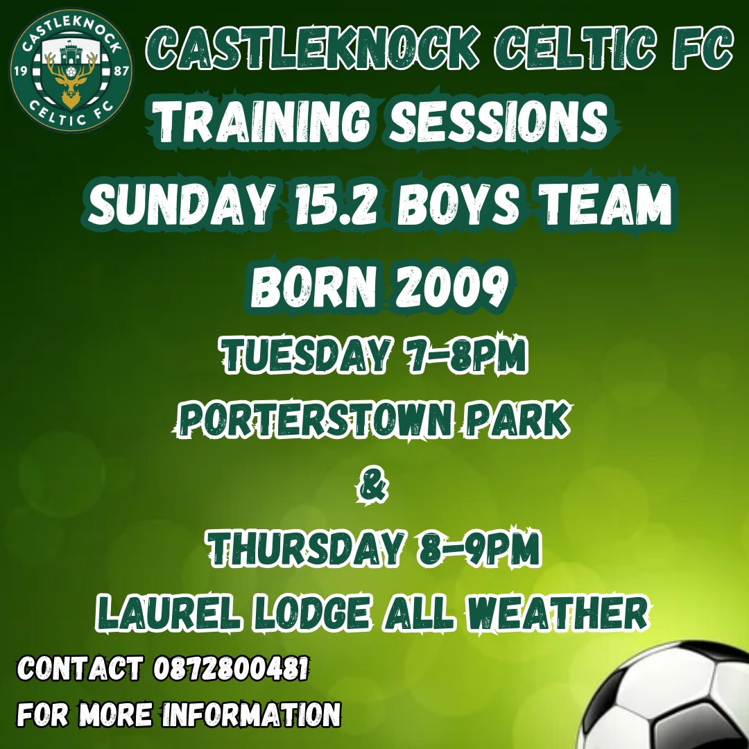 Players wanted born 2009 for our Sunday 15.2 team. Contact 0872800481 for more information 🟢⚪️⚽️