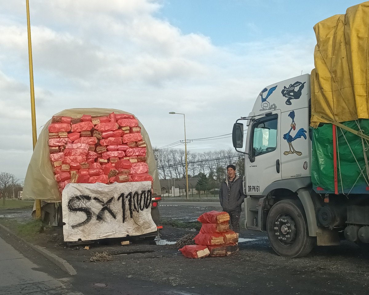 JulikiMan's tweet photo. Leña ilegal en la avenida principal de Puerto Montt. Un camión de más de 10 toneladas, hay dos más que no se ven en la foto. La nueva ley de biocombustibles sólidos, es papel mojado;  mientras el comercio ilegal ahoga a los leñeros legales y formalizados. Responsables? https://t.co/cnNr32hKWR