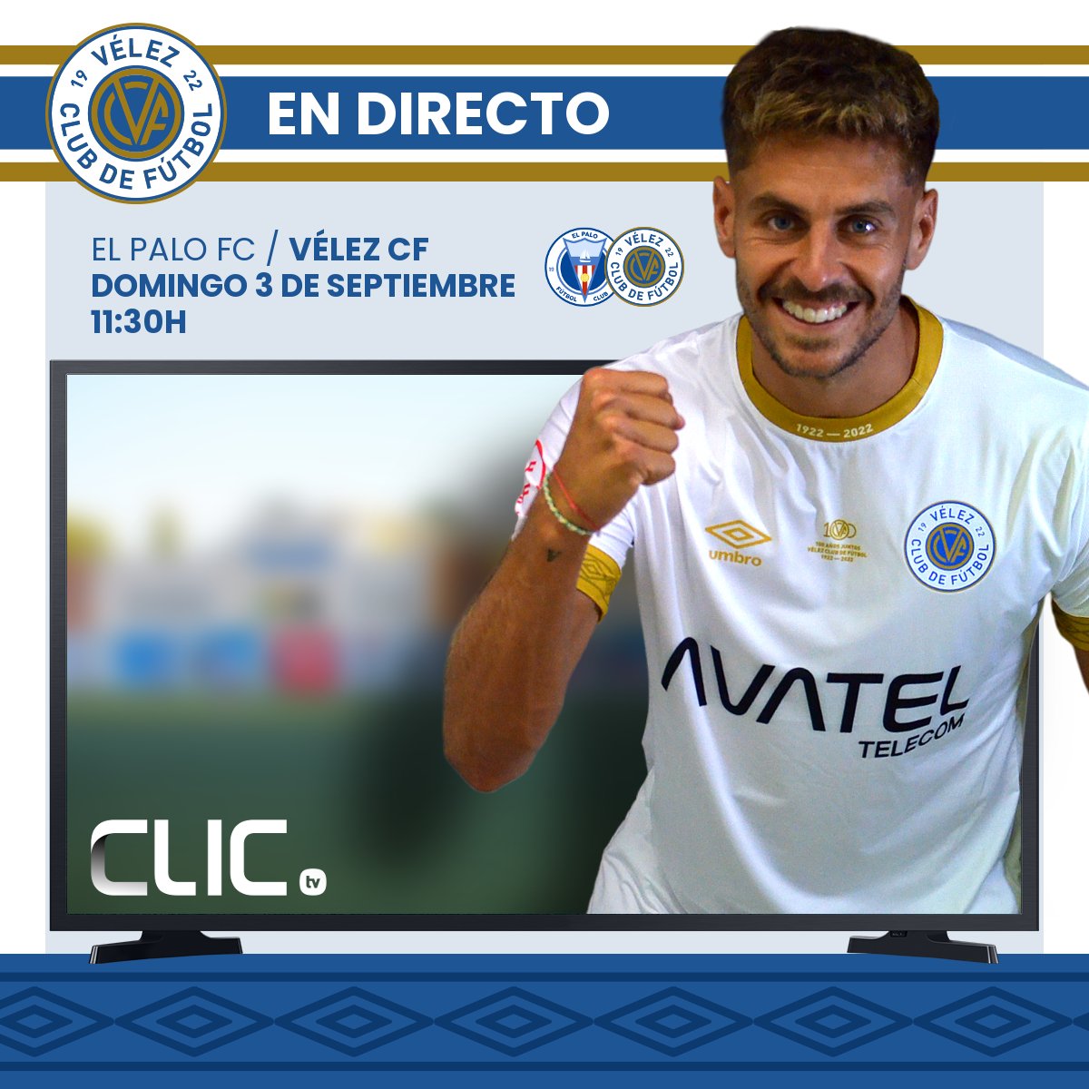 EN DIRECTO 🔴 Nuestro partido en el Nuevo San Ignacio se verá en directo en el canal VE, en todas las redes del grupo Avatel en la comarca de la Axarquía, y también en su nueva plataforma de contenidos CLICtv.

🆚 <a href="/ElPaloFC/">El Palo FC 💙⚽️</a>
📅 Domingo 3 Septiembre
🕦 11:30h

#ElEquipoDeLaAxarquia