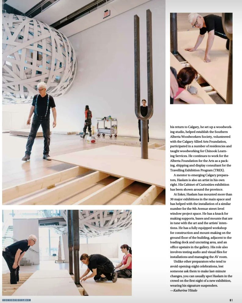 EskerFoundation's tweet photo. So proud of our Head Preparator Doug Haslam &amp; this feature on him in @AvenueMagazine Sept/Oct issue!

#EskerFoundation #freeyyc #artinstallation #arthandler https://t.co/tld3XwfSWR