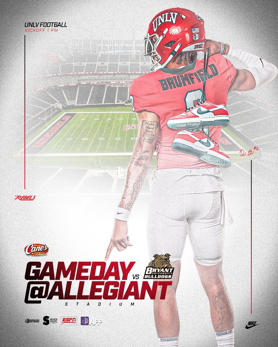 unlvfootball's tweet photo. GET UP REBEL NATION IT’S GAME DAY‼️

🏟️: Allegiant Stadium 
⏰: 1 p.m.
🆚: @BryantUFootball 
📺: Mountain West App
📻: ESPN Las Vegas 100.9 FM/1100 AM https://t.co/nqr3eUzziJ