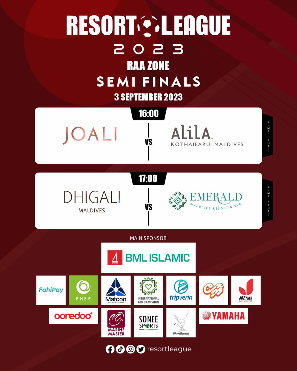 resortleague's tweet photo. The thrilling showdown on the field is approaching! Joali Maldives faces off against Alila Kothaifaru, while Dhigali Maldives takes on Emerald Maldives in the Resort League 2023 Raa Zone Semi Finals.
.
#RL23 #resortleague #resortleague2023 #IAC #CharityPartner #BMLislamic #EHEE #tripverin #fahipay #matcon #marinemaster @OoredooMaldives