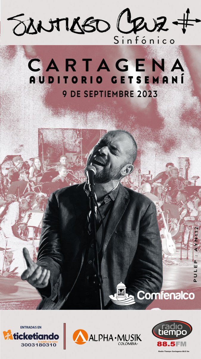 SantiCruzClub's tweet photo. Buenos días a tod@a, se viene un hermoso concierto sinfónico de @SantiCruz en Cartagena, septiembre 9, no te lo pierdas, ya quedan pocas entradas, allá nos vemos 💜💜 https://t.co/aAlWWwXU4L