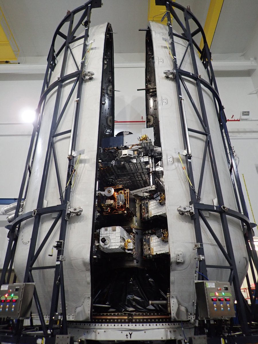 SpaceflightNow's tweet photo. The Space Development Agency has confirmed mission success for today's Falcon 9 launch with 13 demonstration satellites for a US military mega-constellation. It also gave a glimpse of the satellites about to be enclosed inside their Falcon 9 payload fairing. https://t.co/DJ0G2VIDlW