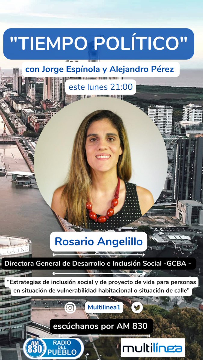 Tiempo Político, el lunes próximo 4/9 a las 21 nos visita: Rosario Angelillo (Dir. Gral. Desarrollo e Inclusión Social GCBA)
Seguinos en multilinea.com.ar  
AM 830 Radio Del Pueblo 
Venos: youtube.com/@amradiodelpue…  
Instagram y Twitter: Multilinea1
<a href="/PerezAleOk/">Alejandro Pérez</a> <a href="/rangelilloOk/">Rosario Angelillo</a>