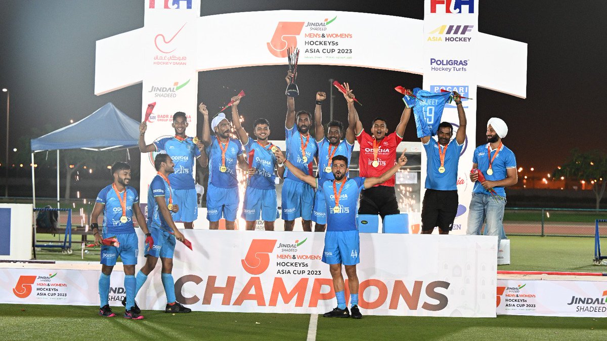 DilipTirkey's tweet photo. Champions of Asia! 
Congrtulations to our incredible Indian Men's Hockey Team on winning Men's Hockey5s Asia Cup 2023 title by defeating arch-rivals Pakistan. 
We're proud to announce that Hockey India will be awarding Rs 2 lakhs to each player and Rs 1 lakh to every member of the support staff for their outstanding efforts. 
#Hockey5s #HockeyIndia #IndiaKaGame