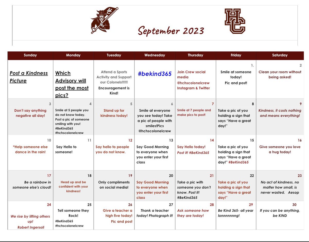 hchscolonelcrew's tweet photo. Follow us and include kindness photos for each day!  Include #bekind365 @HCHSColonels @J_Renaissance @hchscolonelcrew 
Help us to make a mark on the kindness movement! https://t.co/MOskL1iRmU