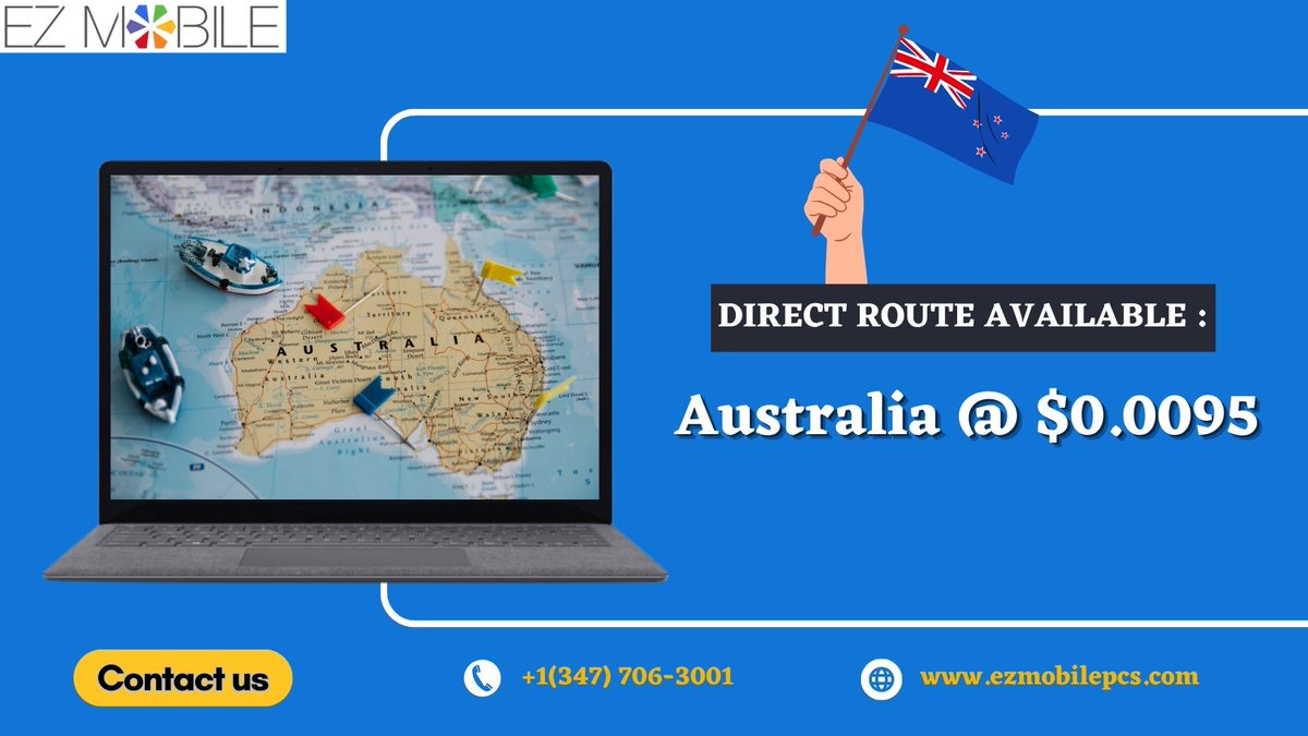 Direct route available : Australia @ $0.0095 !

#DirectRouteAustralia #AffordableConnectivity #TelecomSavings #AustraliaCalling #InternationalCalls #LowRates  #AffordableCalls #GlobalVoice #TelecomSavings #DirectRoute #TalkGlobal #DialAustralia #ezmobile #ezmobilepcs