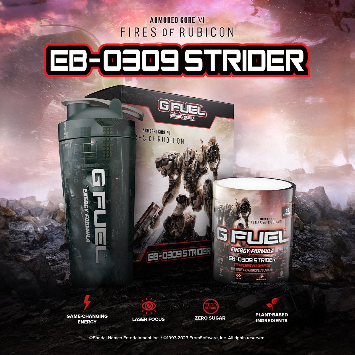 GFuelEnergy's tweet image. 📡 Don’t venture out into Rubicon without your #ARMOREDCOREVI x #GFUEL "𝗘𝗕-𝟬𝟯𝟬𝟵 𝗦𝗧𝗥𝗜𝗗𝗘𝗥"!

🖤 𝗥𝗧 to win an @armoredcore Tub! 2 winners picked on Monday! 

🛒 𝗦𝗛𝗢𝗣: GFUEL.ly/armored-core-x
