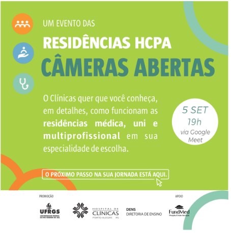 farsego's tweet photo. O Câmeras Abertas  quer aproximar futuros residentes do HCPA, para tirar dúvidas e apresentar a formação em um dos principais hospitais do país.
A atividade acontece no dia 5 de setembro, às 19h, no formato virtual.
Faça sua inscrição e participe!
https://t.co/UesIzxIdfR https://t.co/KeD3qoVnWs