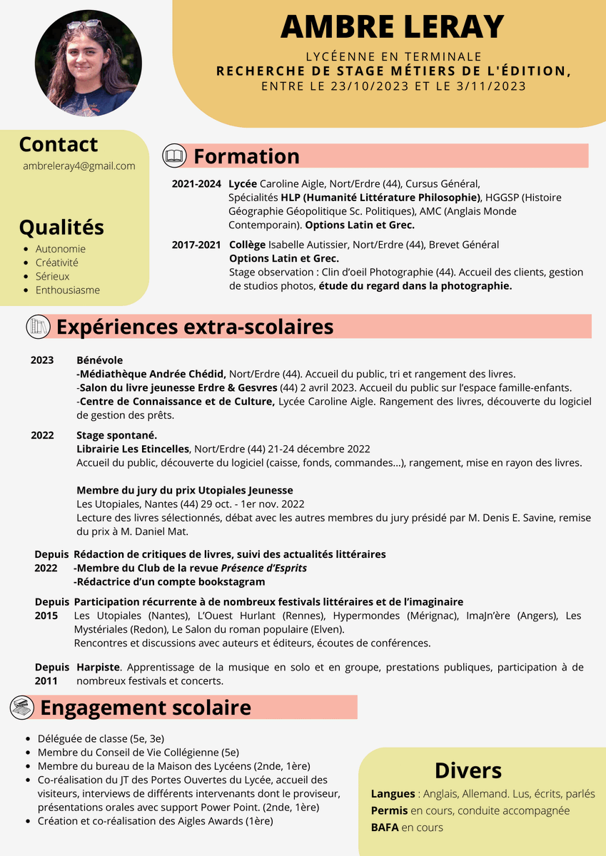 Ma fille Ambre <a href="/jxsteambrou1/">ambre.lray</a>  a préparé son 1er CV et se lance à la recherche d'un #stage de découverte des #métiers de l'#édition, à faire pendant sa Terminale, avec pour objectif d'intégrer un BUT Métiers du Livre l'an prochain.
🙏(1) pour vos RT ou (2) pour vos réponses+