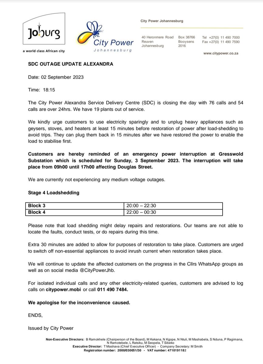 CityPowerJhb's tweet photo. #JoburgUpdates 
#AlexandraUpdate

We are currently not experiencing any area outages.

Customers without power are advised to log calls ^KM https://t.co/p5DiBtW8e6