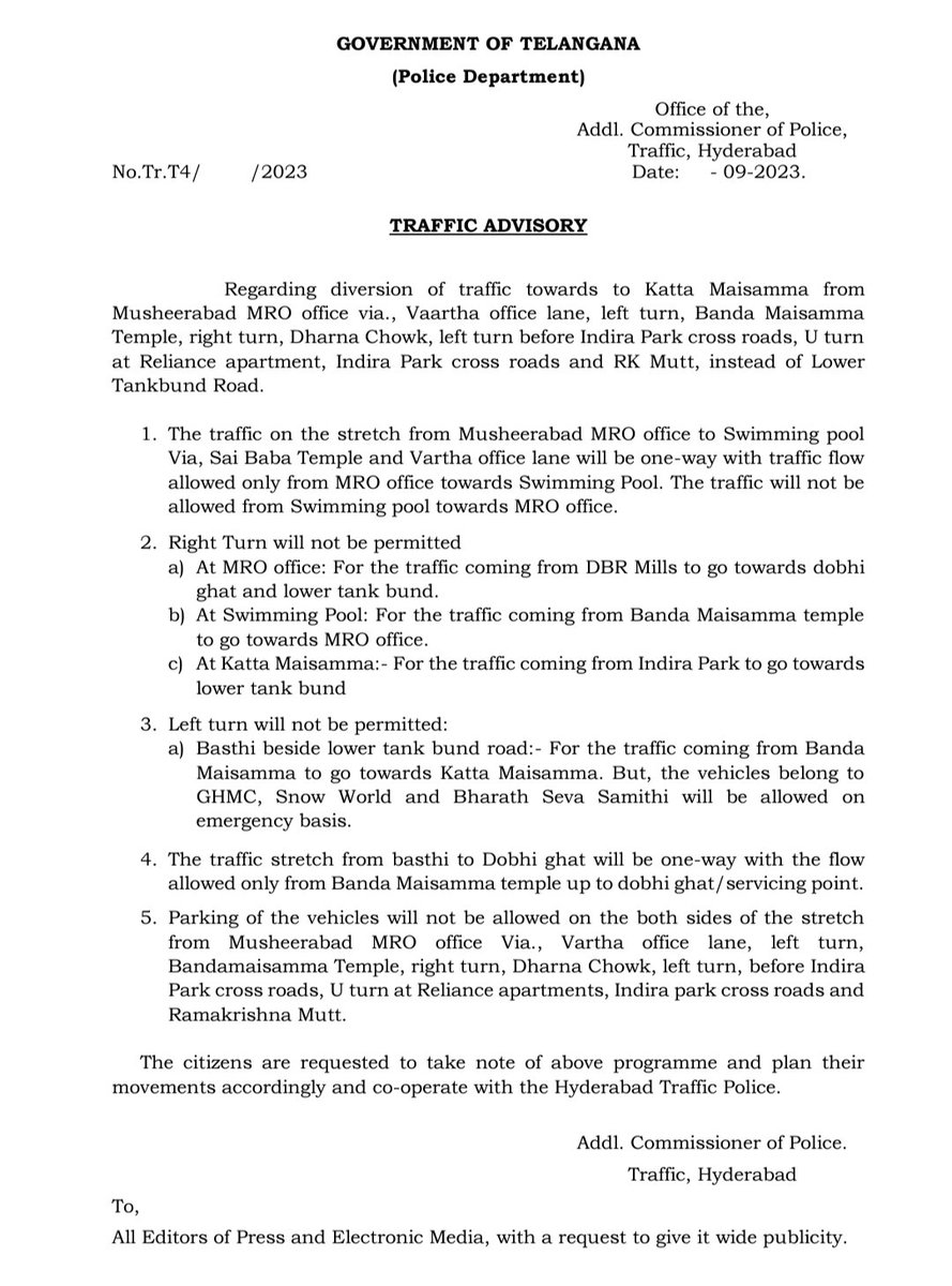 🚧🗺️ 𝗧𝗥𝗔𝗙𝗙𝗜𝗖 𝗗𝗜𝗩𝗘𝗥𝗦𝗜𝗢𝗡 𝗣𝗟𝗔𝗡 🗺️🚗

Navigating through KattaMaisamma & Lower Tankbund? 🗺️ Check out route plan map and traffic advisory for a smoother journey!

Stay informed, follow @HYDTP for real-time updates. 🚦 #TrafficDiversion 🚗

@HiHyderabad @swachhhyd