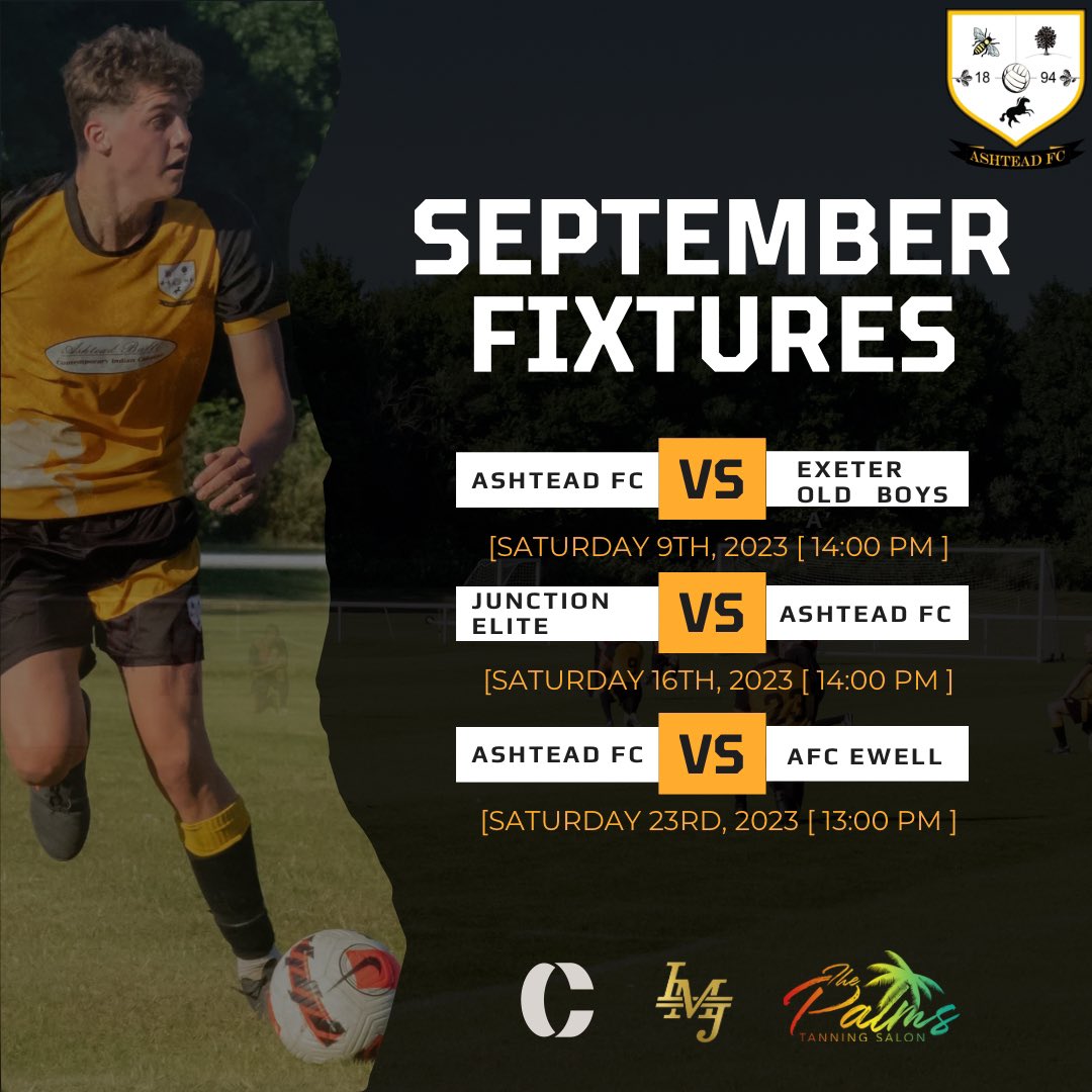 🗓️ SEPTEMBER FIXTURES 🗓️ 

The season begins next week 👇

🆚 Exeter Old Boys (H) - Sat 9th September
🆚 <a href="/junctionelitefc/">Junction Elite FC</a> (A) - 16th September 
🆚 <a href="/AFCEwell/">AFC Ewell</a> (H) - 23rd September

#uptheAS