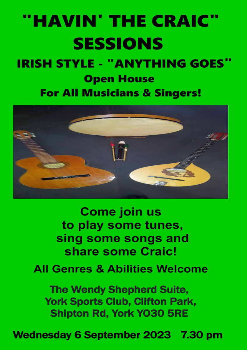CALLING ALL MUSICIANS &amp; SINGERS Wednesday 6 September 2023 come &amp; join us to play some tunes, sing some songs &amp; share some craic at our #Irish #style "Havin' The Craic" Sessions in fab setting of @Yorksportsclub  All genres &amp; abilities welcome. 7.30 pm start. #music #song #craic