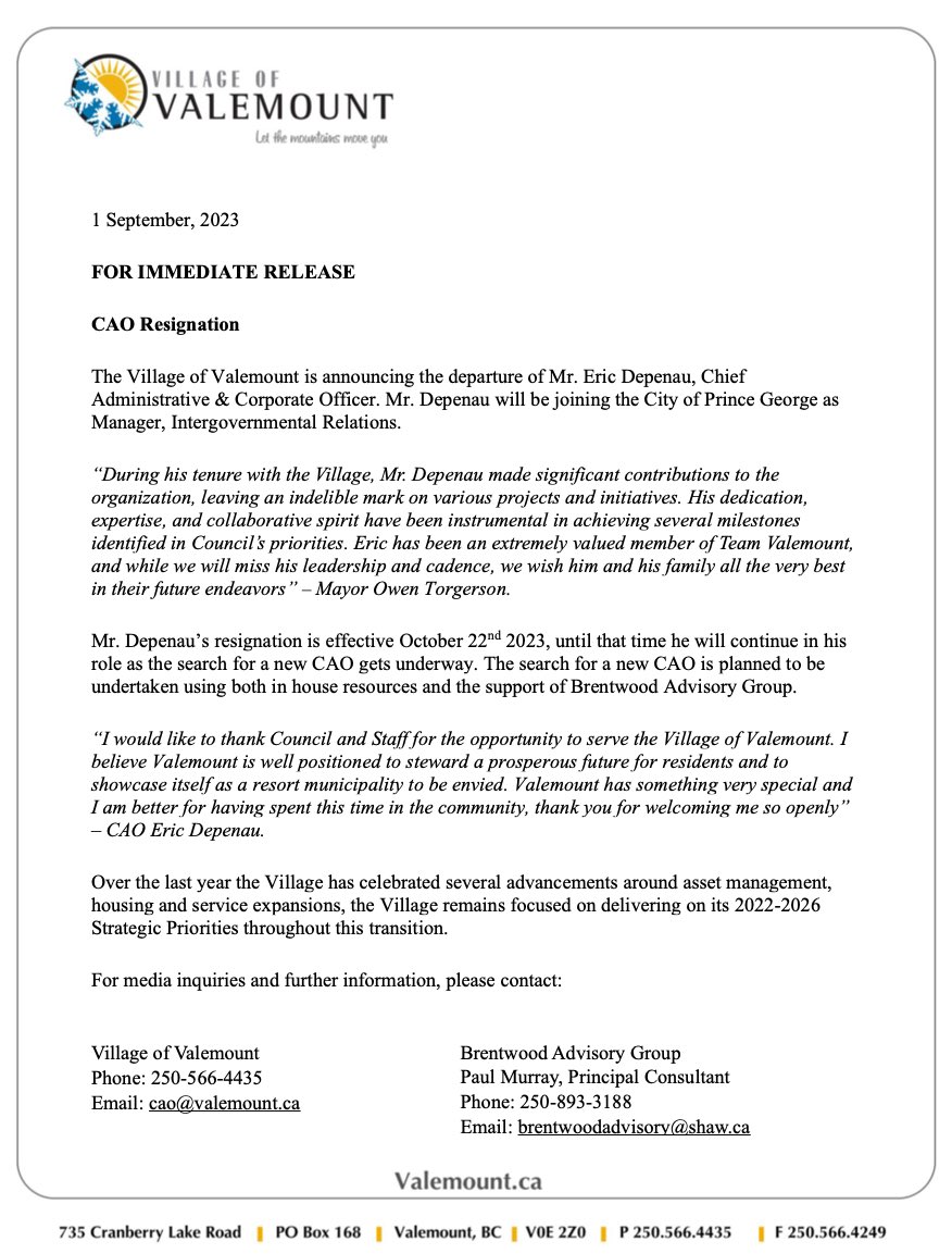 OwenTorgerson's tweet photo. #TeamValemount has announced the resignation of @Eric_Depenau. Mr. Depenau will be joining @CityofPG as Manager, InterGov Relations. Eric made huge contributions to the team, village &amp; will be missed. We have procured Brentwood Advisory @PaulMurray_ to assist w/ CAO search. https://t.co/QR1Q8brLZP