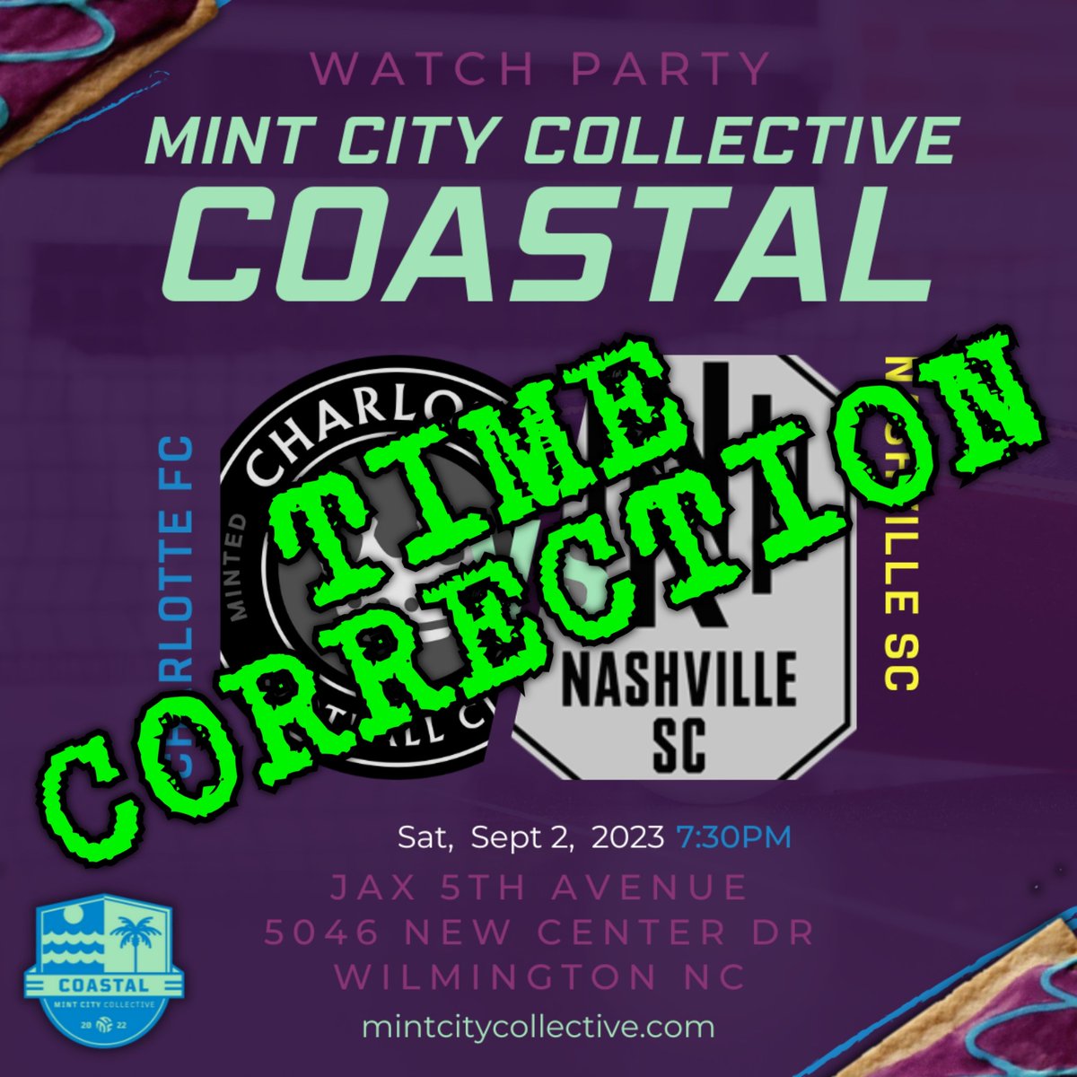 MCCcoastal's tweet photo. 🚨 PSA 🚨
the start time for @CharlotteFC vs @NashvilleSC is 8:30pm tonight...
the previously posted graphic incorrectly showed 7:30pm.

BUT... if you were planning to join at JAX for both CLTFC and the @UNCFootball season opener, the college football game DOES kick at 7:30pm https://t.co/4qPwv5hHO3
