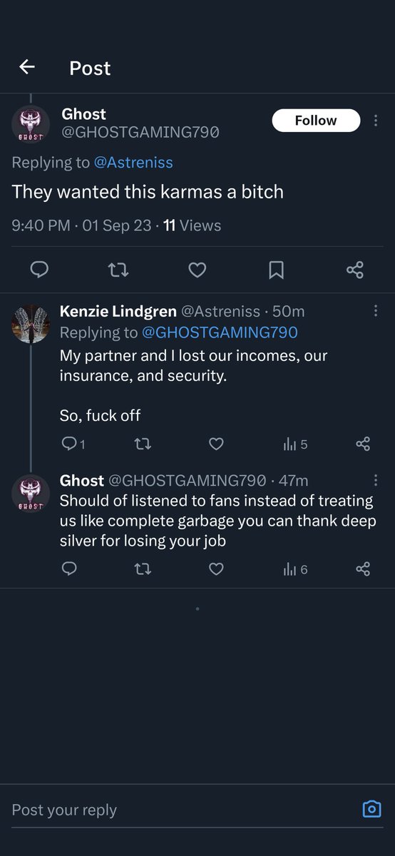 Welcome to the game industry, where people celebrate when you lose your job 🫠

(Note: I normally do not give these people a response, I was very emotional at that time and since then they've been blocked)