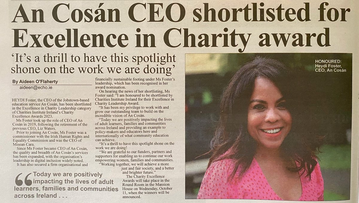 We're delighted to see this coverage of our trailblazing CEO @HeydiFoster in @TheEchoOnline for her recent #CharityExcellenceAwards nomination

#OneGenerationSolution #FurthestBehindFirst #LeaveNoOneBehind #LifelongLearning #EmpowermentThroughEducation