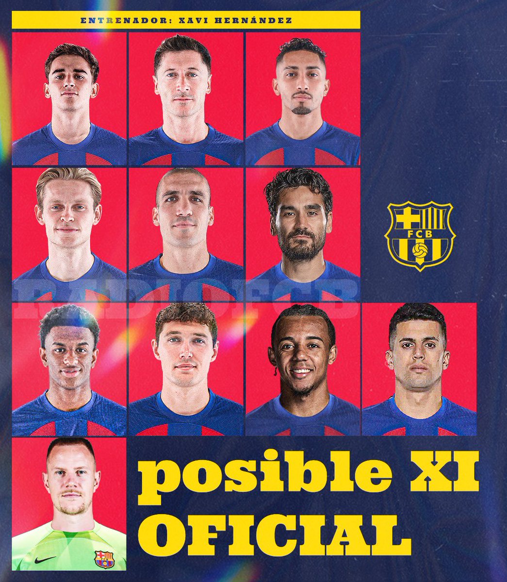 RadioFCB's tweet photo. ¡NUESTRO XI CONTRA EL OSASUNA!

Ter Stegen; Cancelo, Kounde, Christensen, Balde; Oriol Romeu, Frenkie, Gundogan, Gavi; Raphinha y Lewandowski. #FCBLive https://t.co/c8w9zOdpcd