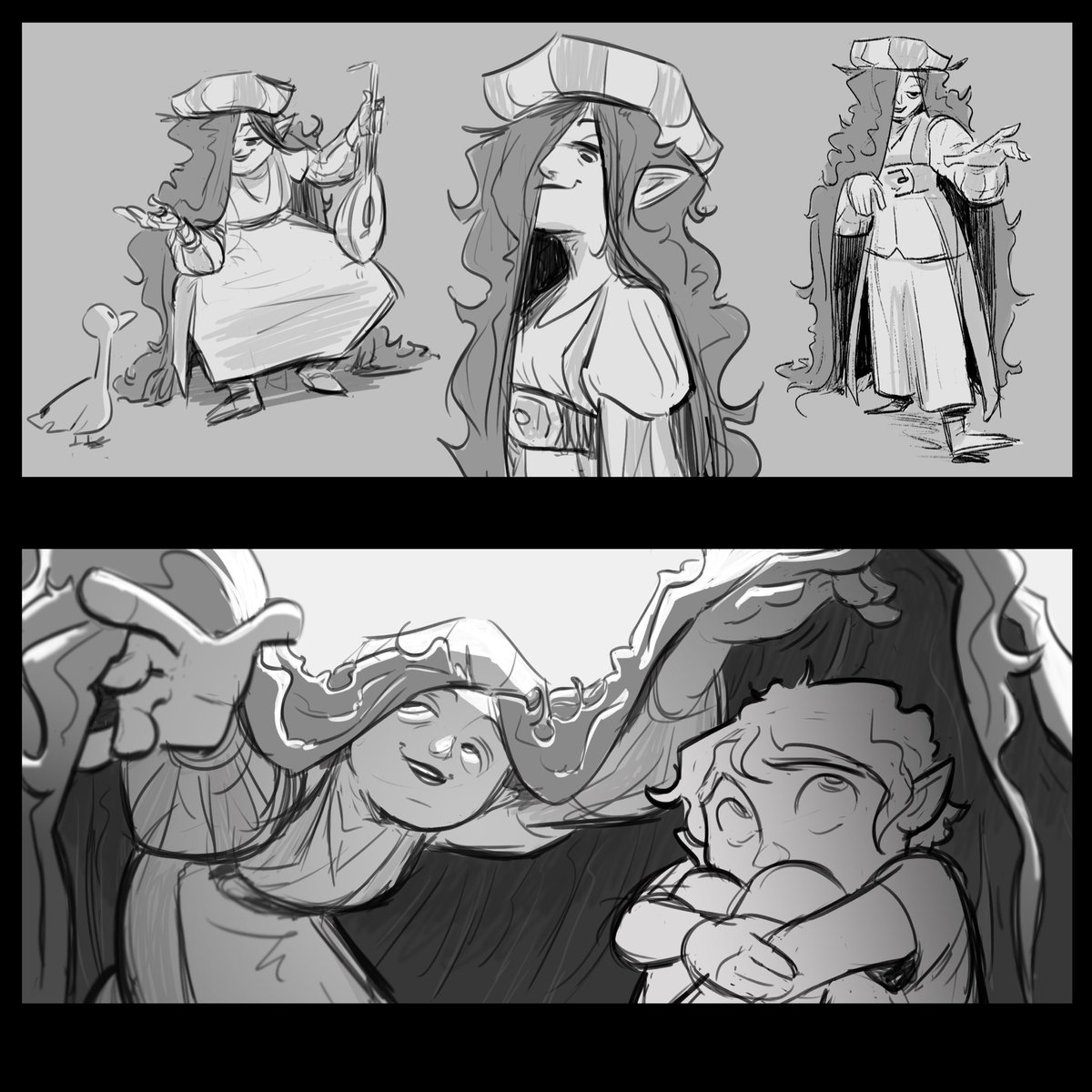 Writing my next storyboards! I want a totally new portfolio for when studios actually start hiring again, haha

Was tossing a few ideas around, but then I started giving this sleepy bard lady this big "stage curtain hair" to play with, and yep, nope, she wins, good game everyone 