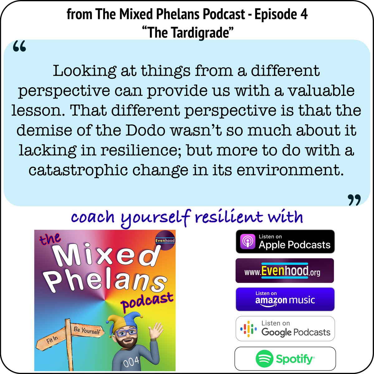 Coach yourself resilient. Free podcast. No ads. No sales. No subscribe. Just you and guided coaching. Give it a whirl - you’ve got resilience to gain and nothing to lose. #Resilient #Wellbeing #BeYourself #Evenhood #MentalHealth podcasts.apple.com/gb/podcast/mix…