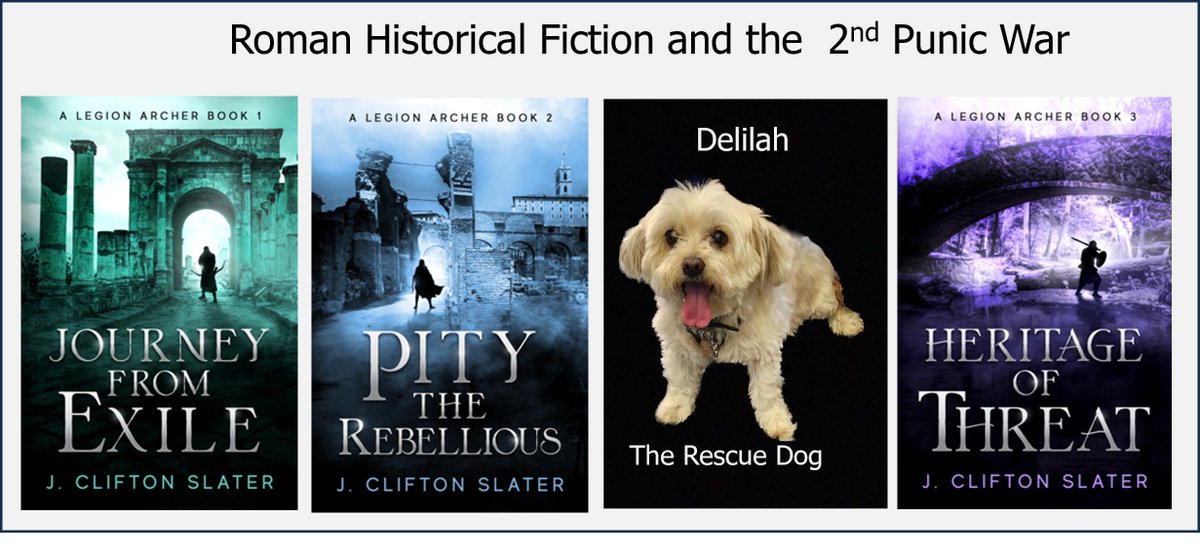 Delilah the Rescue Dog invites you to travel back to the 2nd war between Rome and Carthage - Hannibal's war.

Journey from Exile: book #1 in A Legion Archer series.
Available on Amazon or linked from my website jcliftonslater.com/book-series/a-…

#rescuedog #historicalfiction #ancientrome