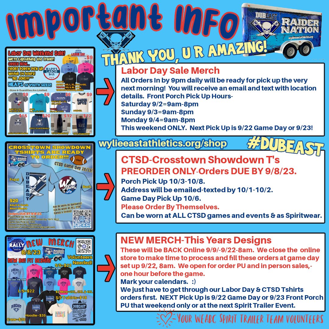 Important INFORMATION ℹ️ 
Thank YOU for your beautiful orders!  
Keep ‘Em coming 😃💙⚔️ #DUBeast #SchoolSpirit #weabc #raiders #SpiritTrailer 

wylieeastathletics.org/shop