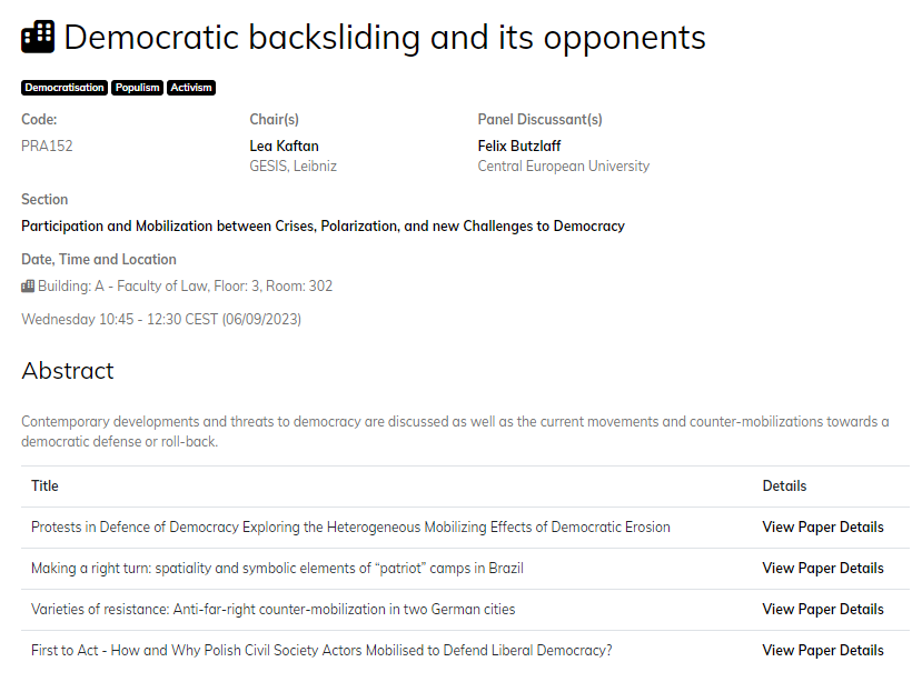 Excited (and slightly nervous...) for my very first conference #ecprgc23 next week! I'll be presenting work on protests in defence of democracy in the panel 'Democratic backsliding and its opponents'. Please reach out for coffee and/or beer if you're around! @ecpr