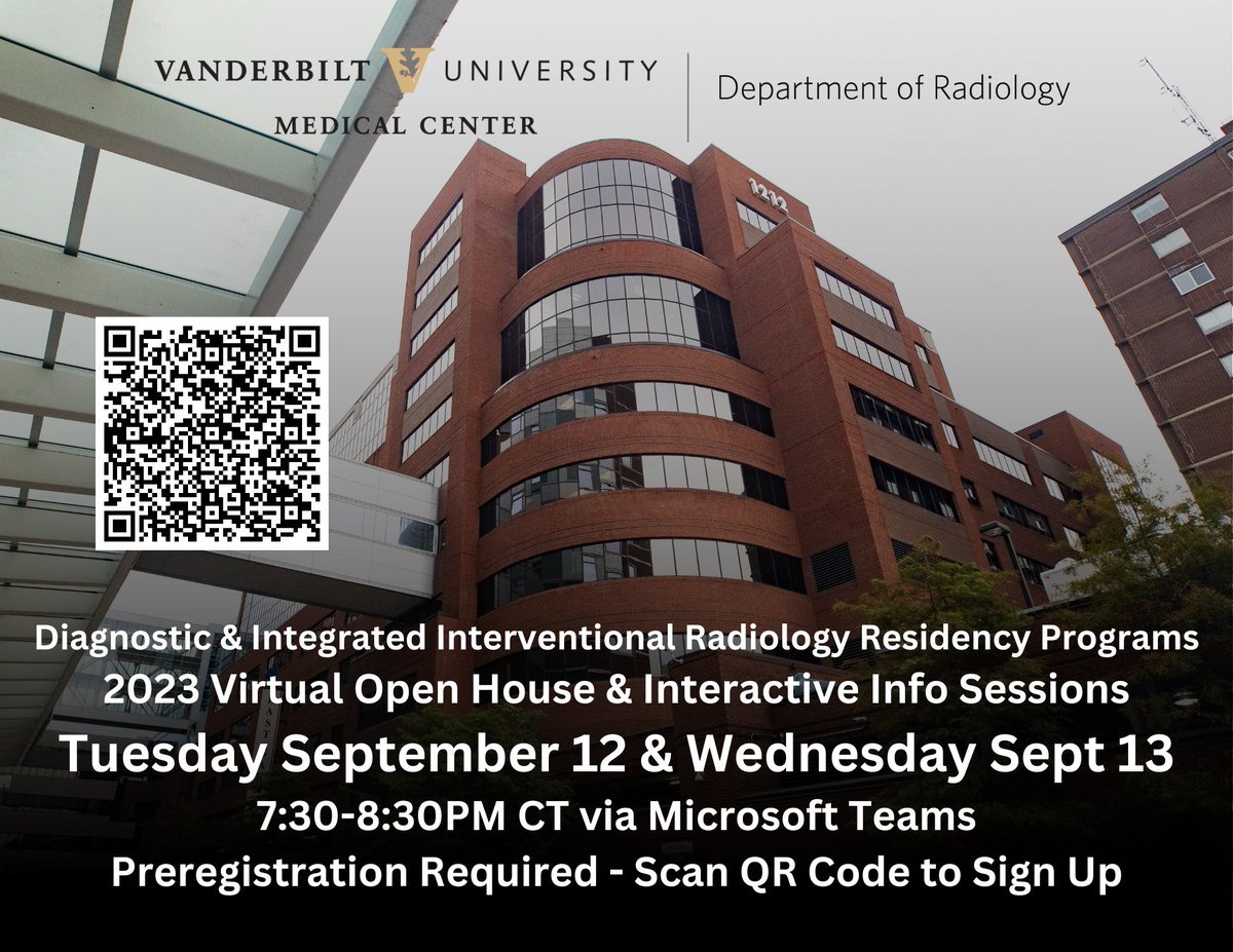 ErinCookeMD's tweet photo. #futureradres:  @DRimaniIR &amp; I are looking forward to sharing info on the @VUMCradiology DR &amp; IR Residency Programs along with a Q&amp;A with our fantastic #radres!  Register via the QR code below for either the Sept 12 or Sept 13 session. Hope to see you then! 😃⬇️⬇️⬇️
#Match2024 https://t.co/o7D9eZ3mdm