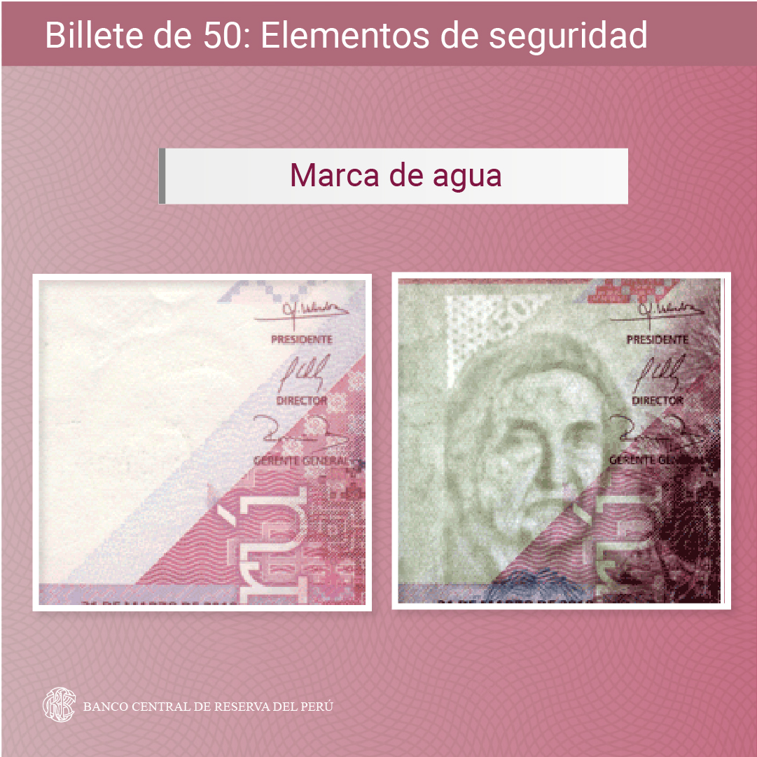 bcrpoficial's tweet photo. Billete de 50: Elementos de seguridad.
La marca de agua es visible sólo al trasluz, se aprecia al personaje principal, un triángulo de fondo claro que contiene puntos oscuros y la denominación en números.
#BCRP #SeguridadEnTusManos #Billete50 https://t.co/Zyw6PHHCfG