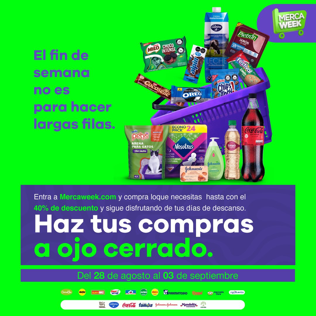 MercaweekC's tweet photo. El fin de semana no es para hacer largas filas.

Entra a https://t.co/wOiU98863L y compra lo que necesitas hasta con el 40% de descuento y sigue disfrutando de tus días de descanso.

Mercaweek, haz tus compras a ojo cerrado. https://t.co/2G1tTrylze https://t.co/YSMLOrdxPw