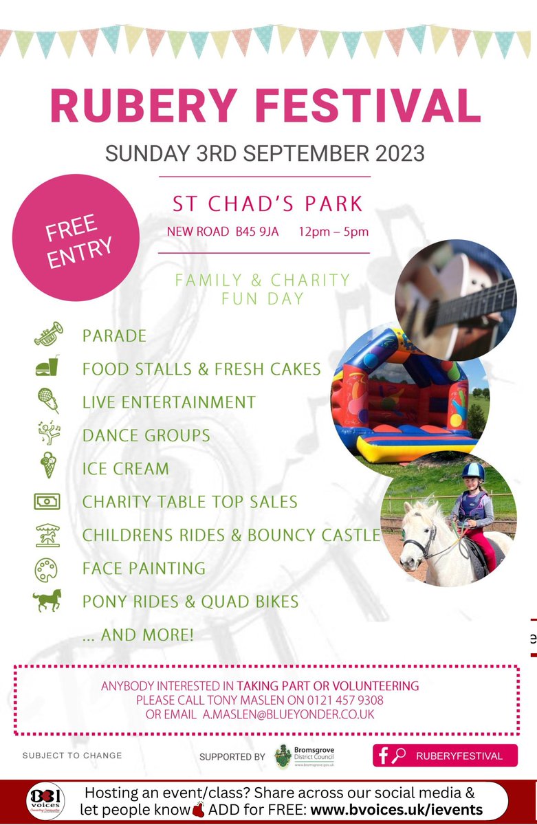 B31Voices's tweet photo. #SWBrumEVENTS –  Rubery Festival  
INFO: 👉   https://t.co/m79aaSy3ne

📅 Sunday 3rd September 
🕚 12pm - 5pm
📍 St Chad's Park - #Rubery
🏷 FREE Entry

#B31VoicesSupportingLocal
#SWBrumCREATIVE
#CommunityEvents
#Community 
#Birmingham   
#BirminghamUK https://t.co/Dbempgt2zs