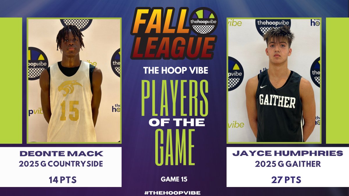 Game 15: #HoopVibe Fall League 

Left: 2025 G Deonte Mack (Countryside) was pacing the floor well and controlling the tempo as a key finisher.  

Right: 2025 G Jayce Humphries (Gaither) had a breakout performance, knocking five 3's and shooting with purpose.