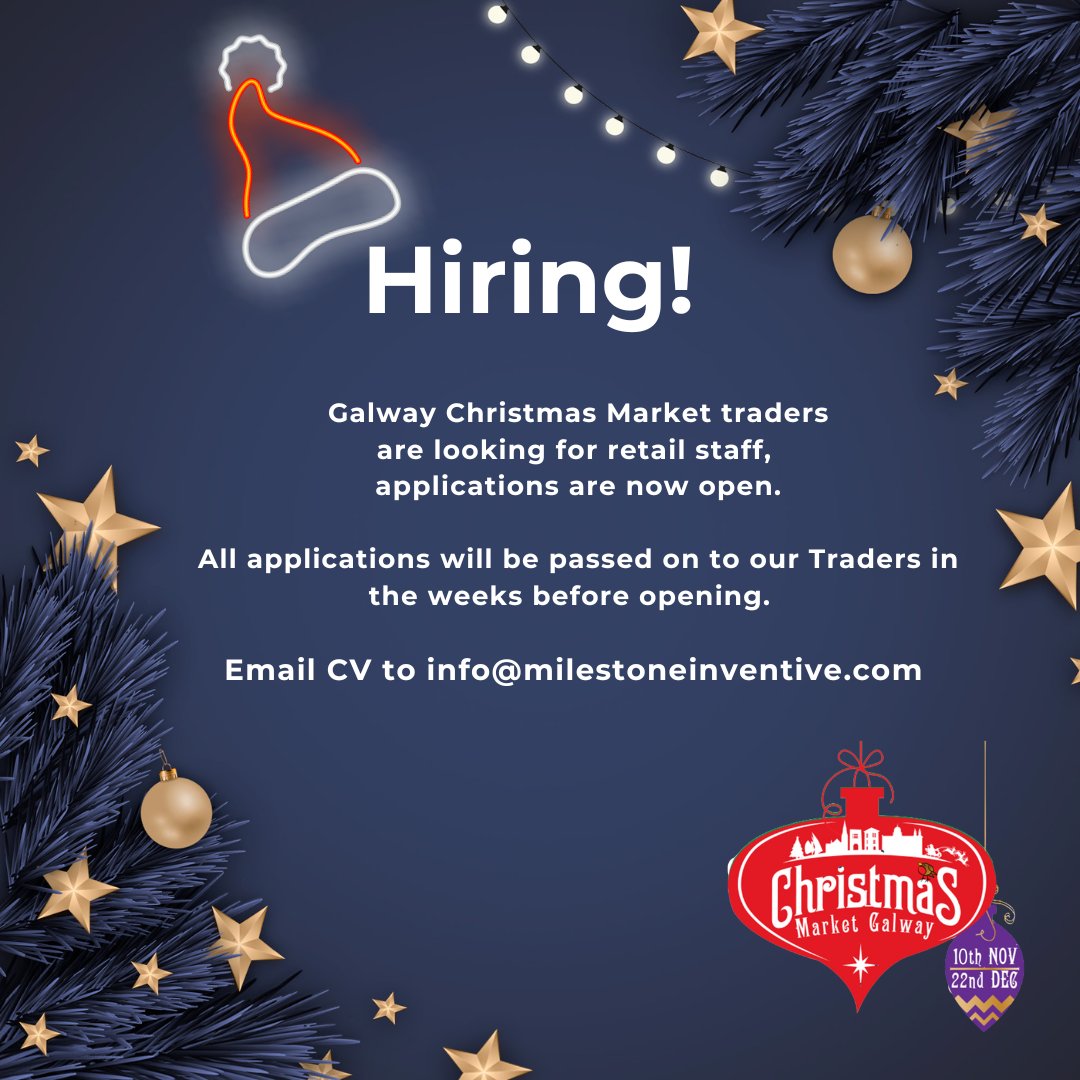 Galway Christmas Market traders are looking for retail staff, applications are now open.

All applications will be passed on to our Traders in the weeks before opening.

Email CV to info@milestoneinventive.com
#Hiring #JobFairy