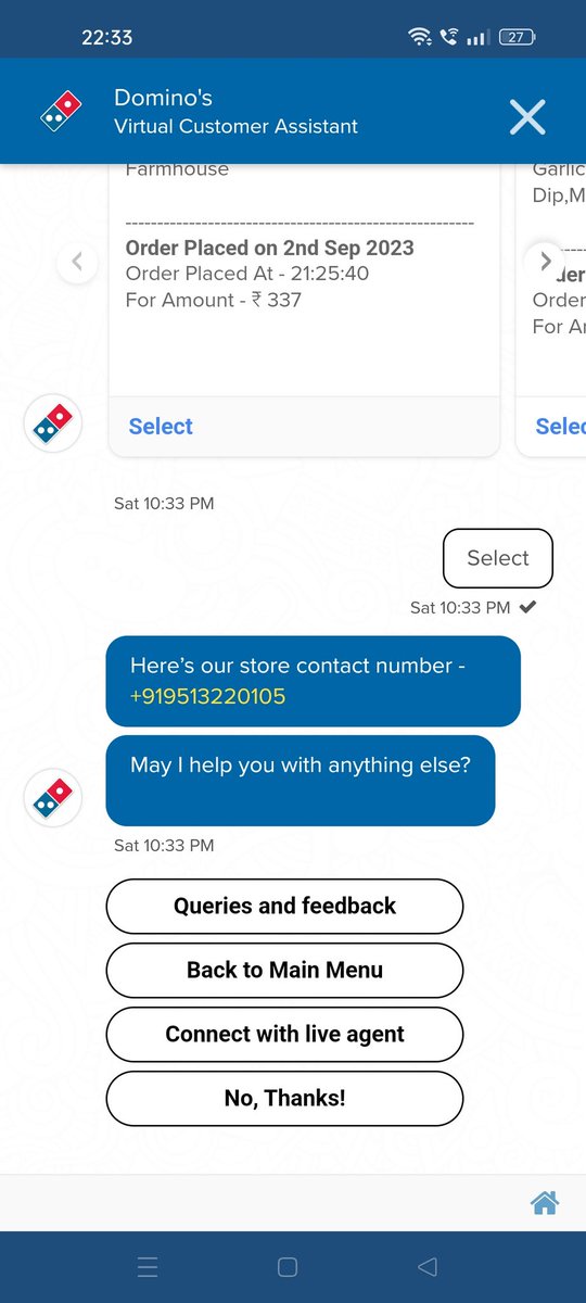 #Dominos, i placed my order at 9:35 pm, still no update from your side &amp; the store number given by you is invalid number.
Worst service...
<a href="/dominos/">Domino's Pizza</a> <a href="/dominos_india/">dominos_india</a>