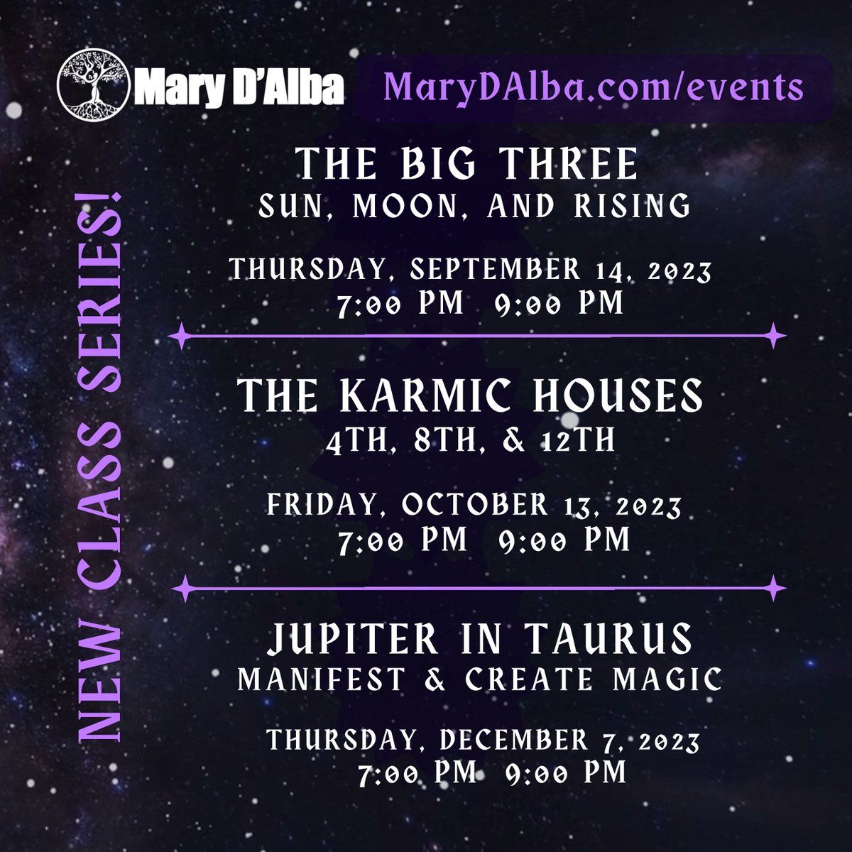 NEW ASTROLOGY CLASS SERIES!  
--Entirely Virtual-- 
The first class starts September 14th!  

Registration is now open at MaryDAlba.com/events

#witchy #witch #astrology #tarot #sun #moon #rising #signs #karma #karmichouse #class #virtual