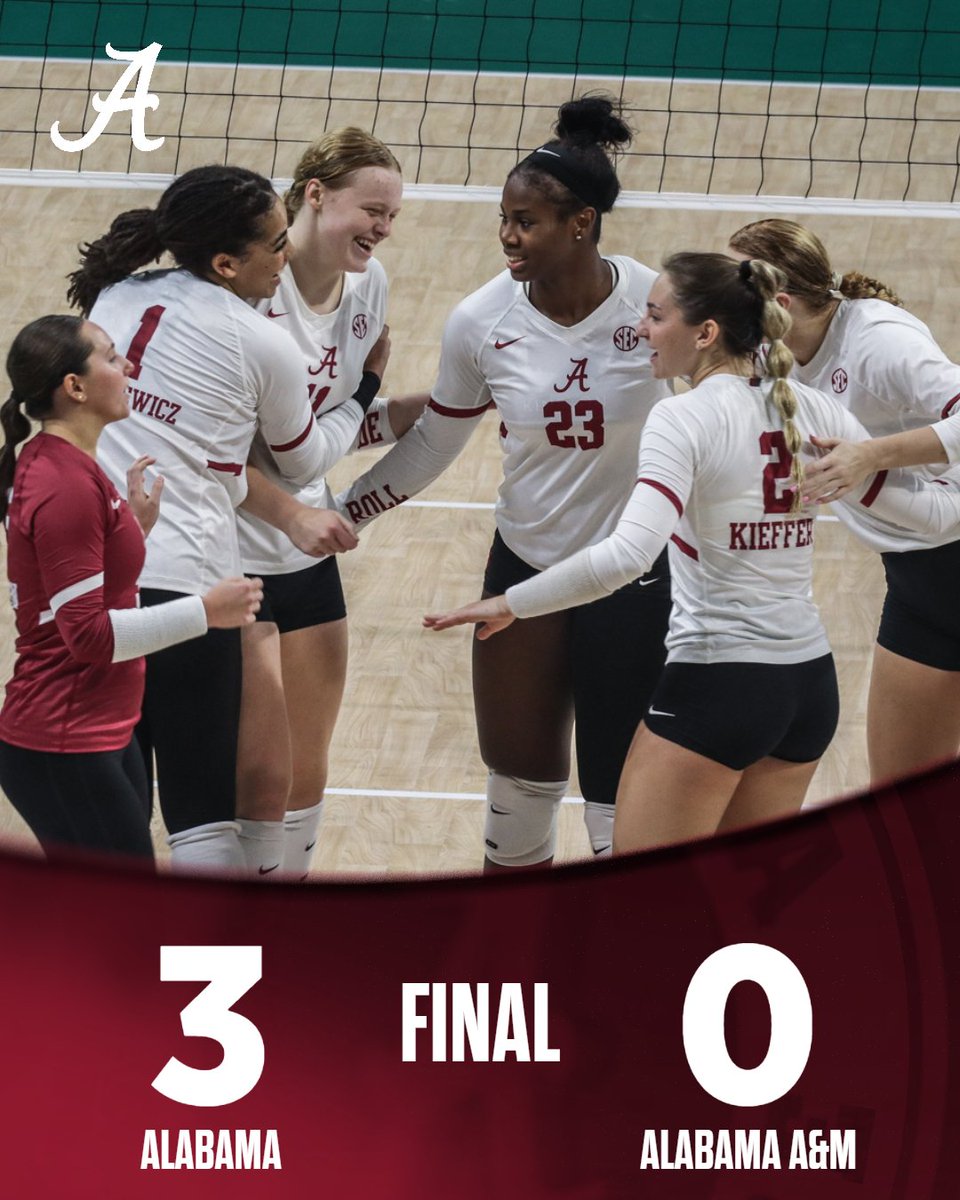 AlabamaVBall's tweet photo. The sweep streak continues!🧹

Alabama takes down Alabama A&amp;M in three sets Saturday in New Orleans

#BamaVB #RollTide https://t.co/FsYrXem0h7