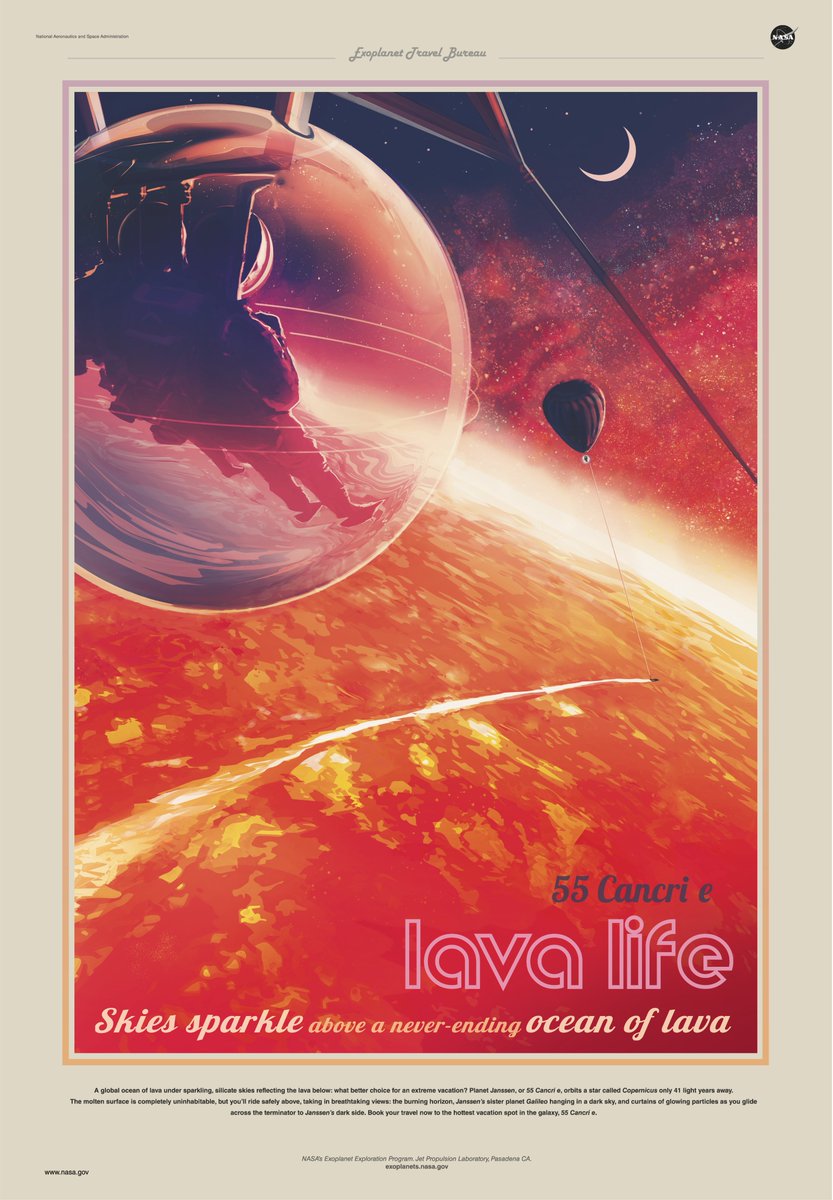 NASAJPL's tweet photo. Have any plans for the long weekend?

55 Cancri e, or Planet Janssen, orbits a star only 41 light years away. Explore a lava ocean under sparkling silicate skies. This uninhabitable place may be the fiery vacation you’ve been looking for. 🔥 https://t.co/55nPJC7lVW