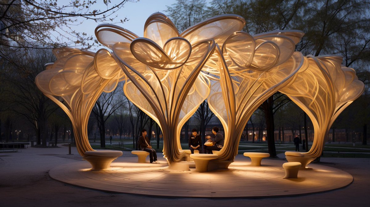 LynxHaus's tweet photo. Would you love to sit in this enchanting oasis?
.
.
.
/Imagine  a woven fiber pavilion, inspired by hanging flowers 
#ArtificialIntelligence #CreativeProcess #MidjourneyAI #architecture https://t.co/hiEfibTj3w
