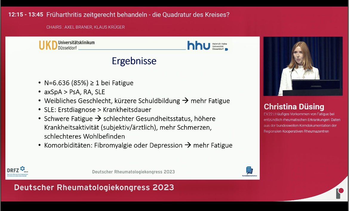 ChristinaDusing's tweet photo. Last but not least - heute durfte ich in der Plenarsitzung die Daten des @DRFZ_Berlin zur Prävalenz von Fatigue bei entzündlich-rheumatischen Erkrankungen präsentieren. Schwere Fatigue ist assoziiert mit einem schlechteren Gesundheitsstatus, mehr Krankheitsaktivität &amp; Schmerzen❗️ https://t.co/udidezaLCE