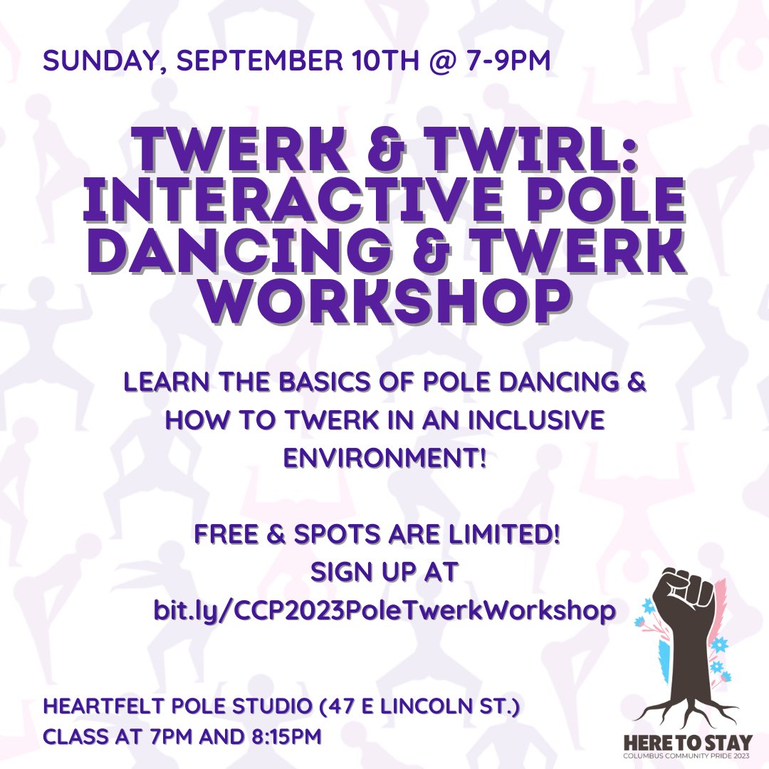 CbusCommPride's tweet photo. Come learn how to shake some 🍑 at our Pole &amp; Twerk class Sunday, September 10th!! There will be two classes (both FREE) held at Heartfelt Pole Studio sign up at https://t.co/GXk74FlZdc ! https://t.co/muuKaBLOas