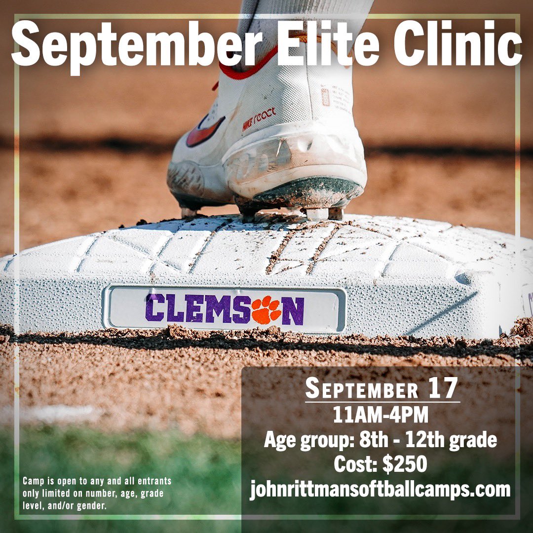 Sign up now at johnrittmansoftballcamps.com!! See you there! @clemsonsoftball