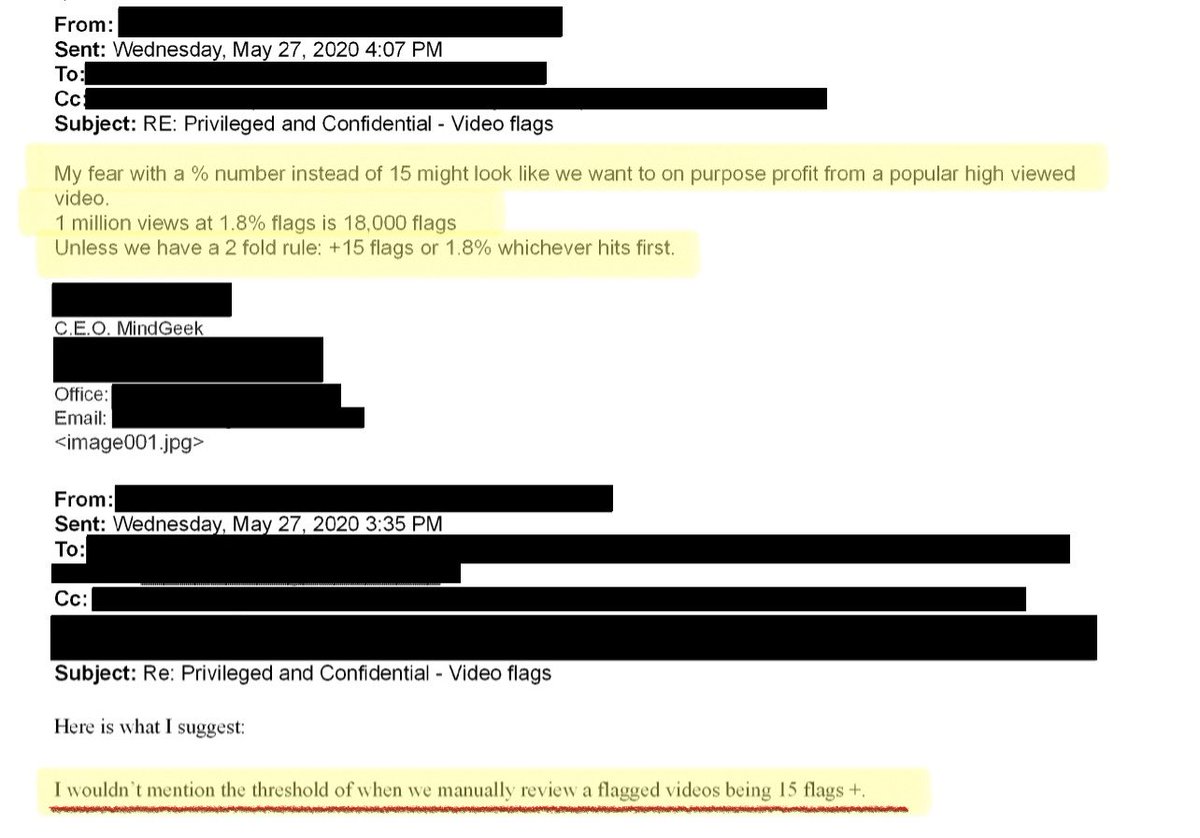 LailaMickelwait's tweet image. These e-mails between the CEO/Owner of P*rnhub/MindGeek and his executive team were uncovered in legal discovery and made available to the public yesterday in redacted form.

This is the CEO/Owner discussing the fact that:

1. The official P*rnhub policy was to only review a…