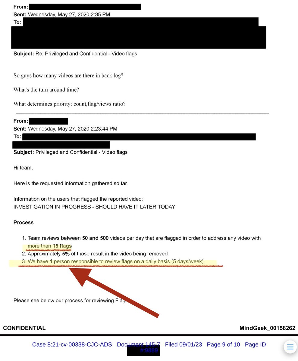 LailaMickelwait's tweet image. These e-mails between the CEO/Owner of P*rnhub/MindGeek and his executive team were uncovered in legal discovery and made available to the public yesterday in redacted form.

This is the CEO/Owner discussing the fact that:

1. The official P*rnhub policy was to only review a…